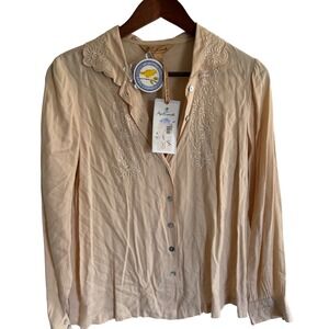 April Cornell Devon Blouse Creme Floral Embroidered Scalloped Collar NWT Small
